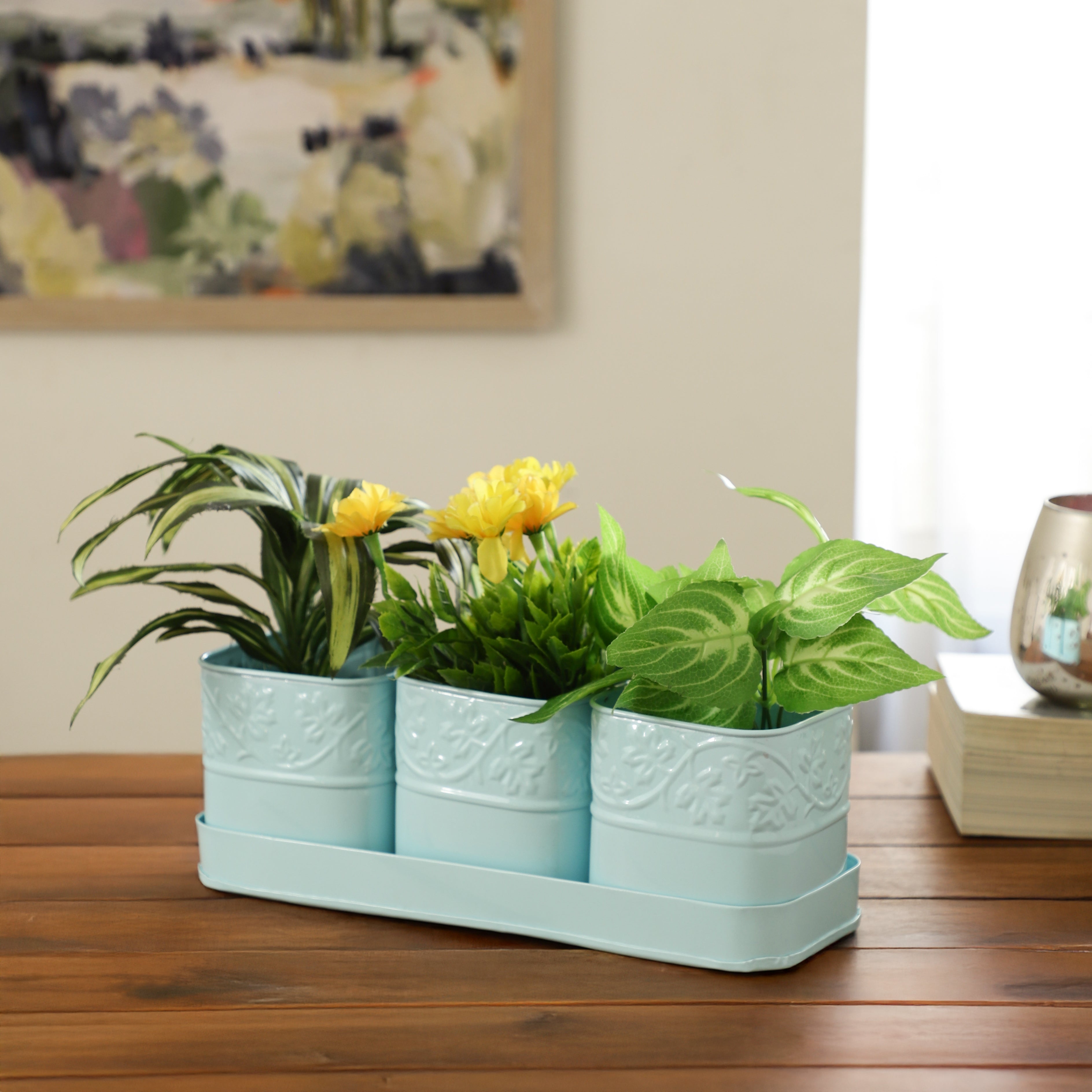 Blue PetalHaven  Flower Planter With Tray