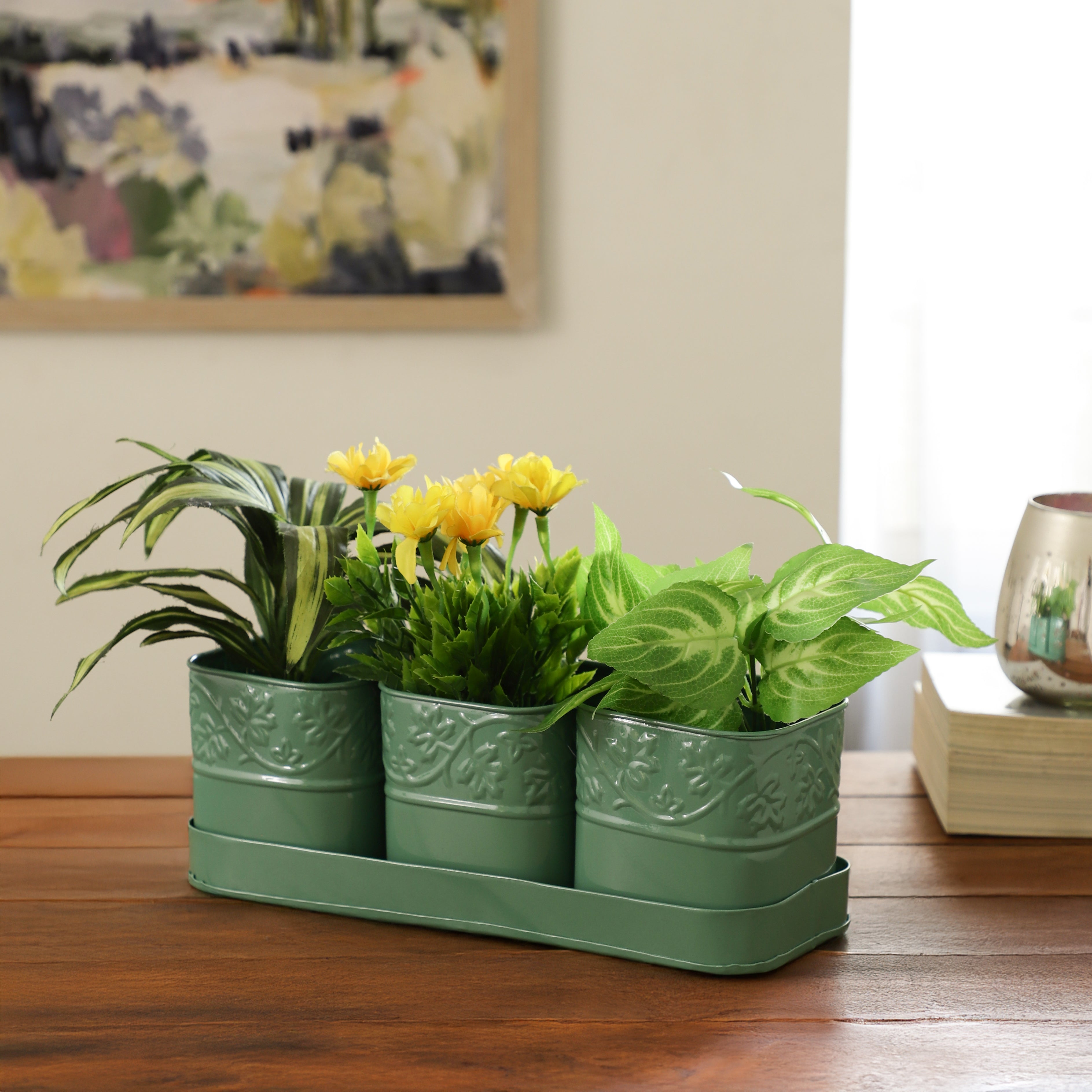Green PetalHaven  Flower Planter With Tray