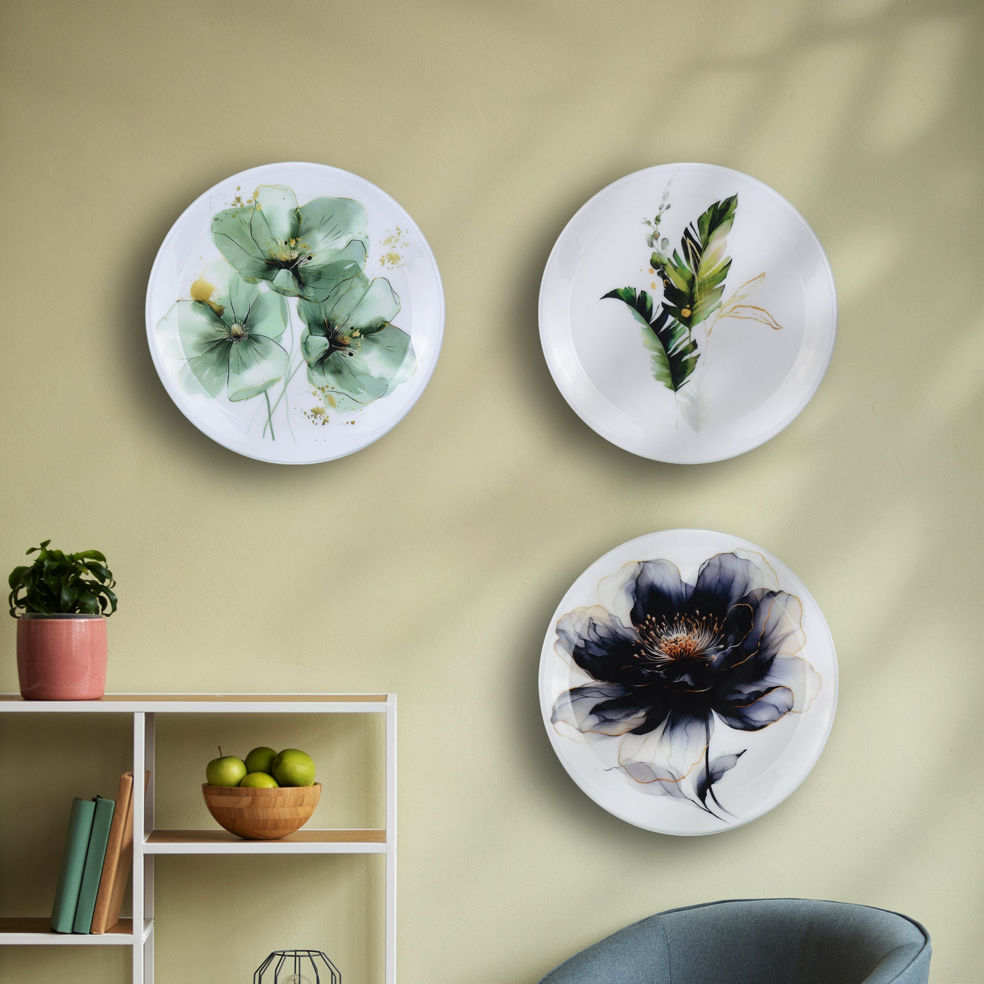 Floral Metal Wall Décor Plate Set of 3 Pcs